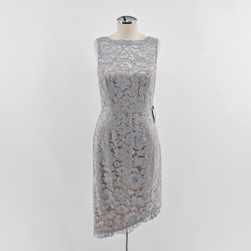 Eliza J Floral Lace Sheath Dress Womens Size 4 Blue Asymmetric Cocktail Wedding